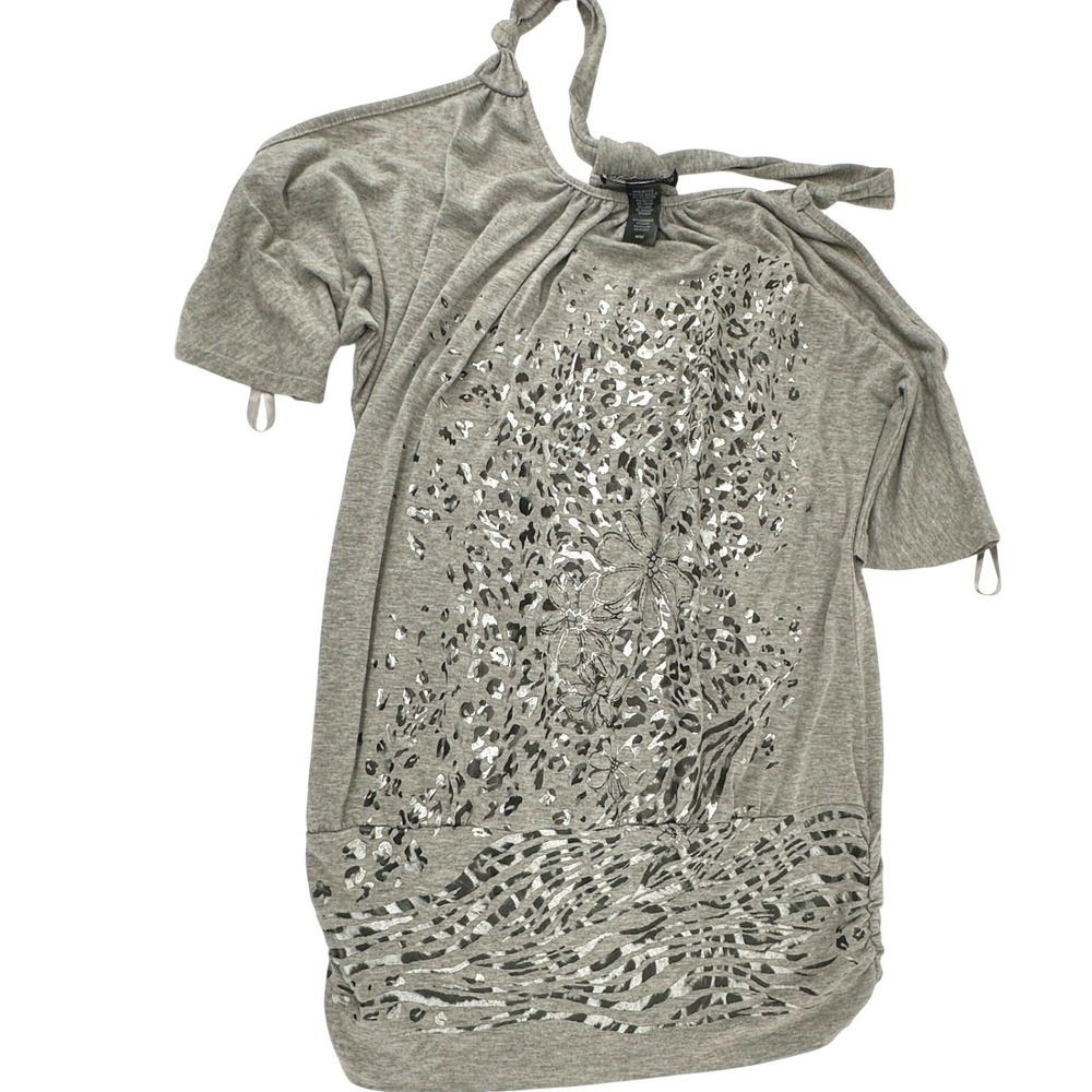 Guess Tunic Top Women Medium Gray Animal Print Cold Shoulder Y2K USA Made